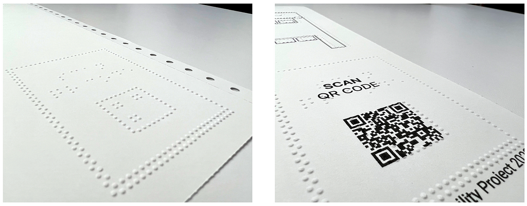 Close-up comparison of a tactile QR Code symbol made with a braille embosser (before) and an enhanced version with an ink-printed QR Code overlaid on top (after).