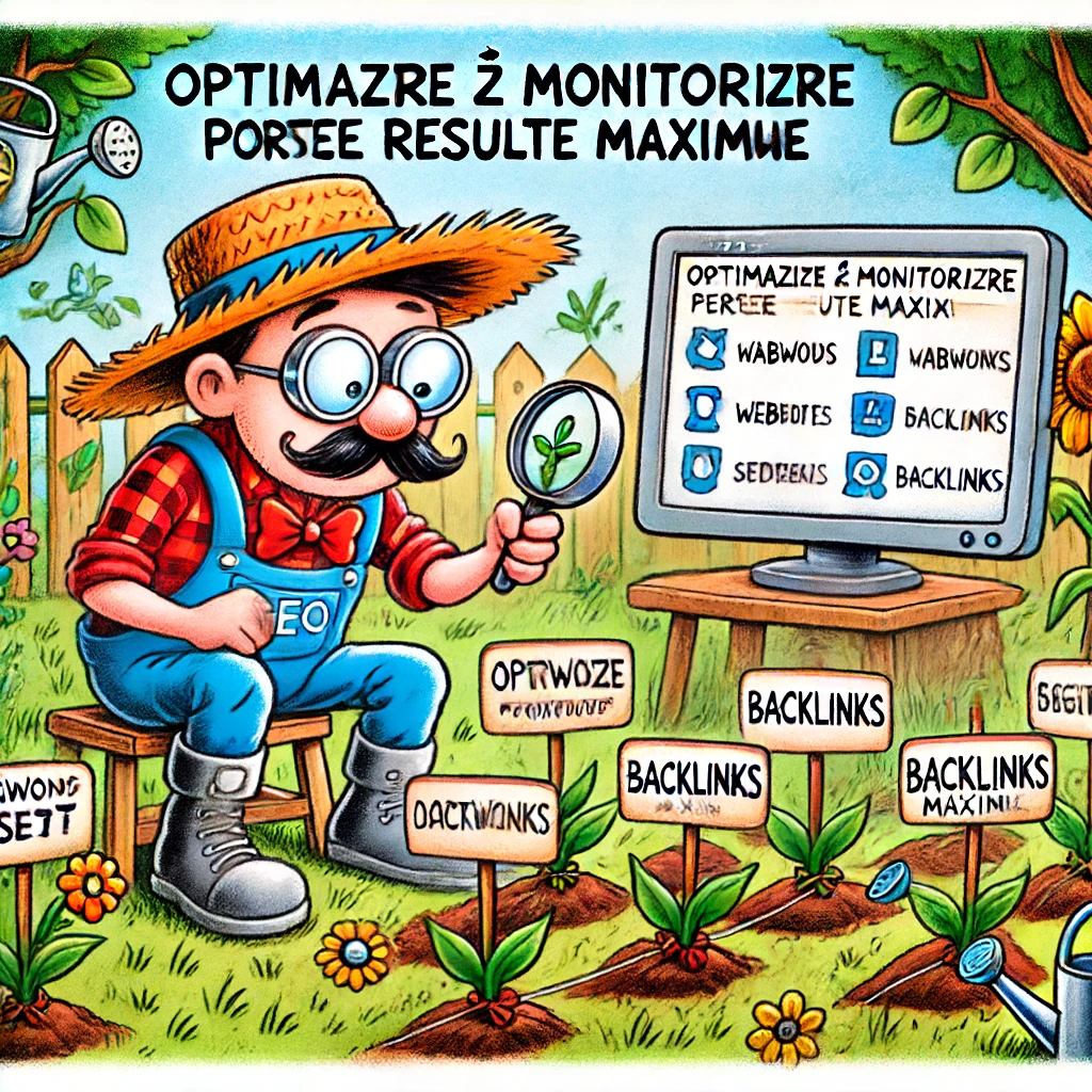 Ferma SEO: Un fermier comic îngrijește “plantele” site-urilor web în grădina sa. Fiecare plantă este etichetată cu diverse aspecte SEO (cuvinte cheie, backlink-uri, etc.), iar fermierul folosește un monitor pentru a verifica “creșterea” și “sănătatea” fiecărei plante.