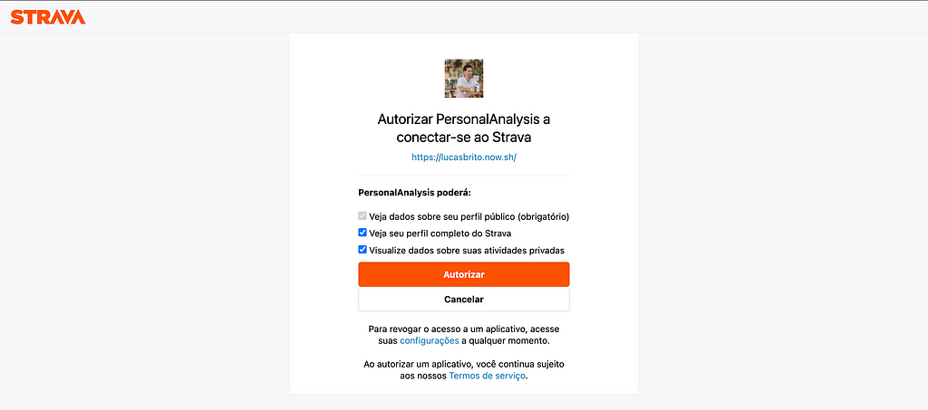 Painel de autorização do aplicativo do Strava.