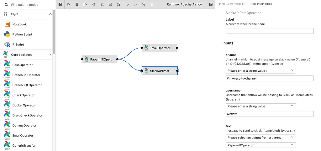 screenshot of the Visual Pipeline Editor showing the palette with nodes on the left, the canvas with the visual pipeline in the center, and the properties panel for the chosen operator on the right.