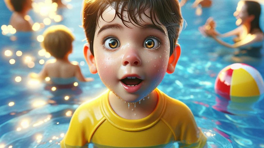 Young boy standing in a crowded swimming pool, looking surprised