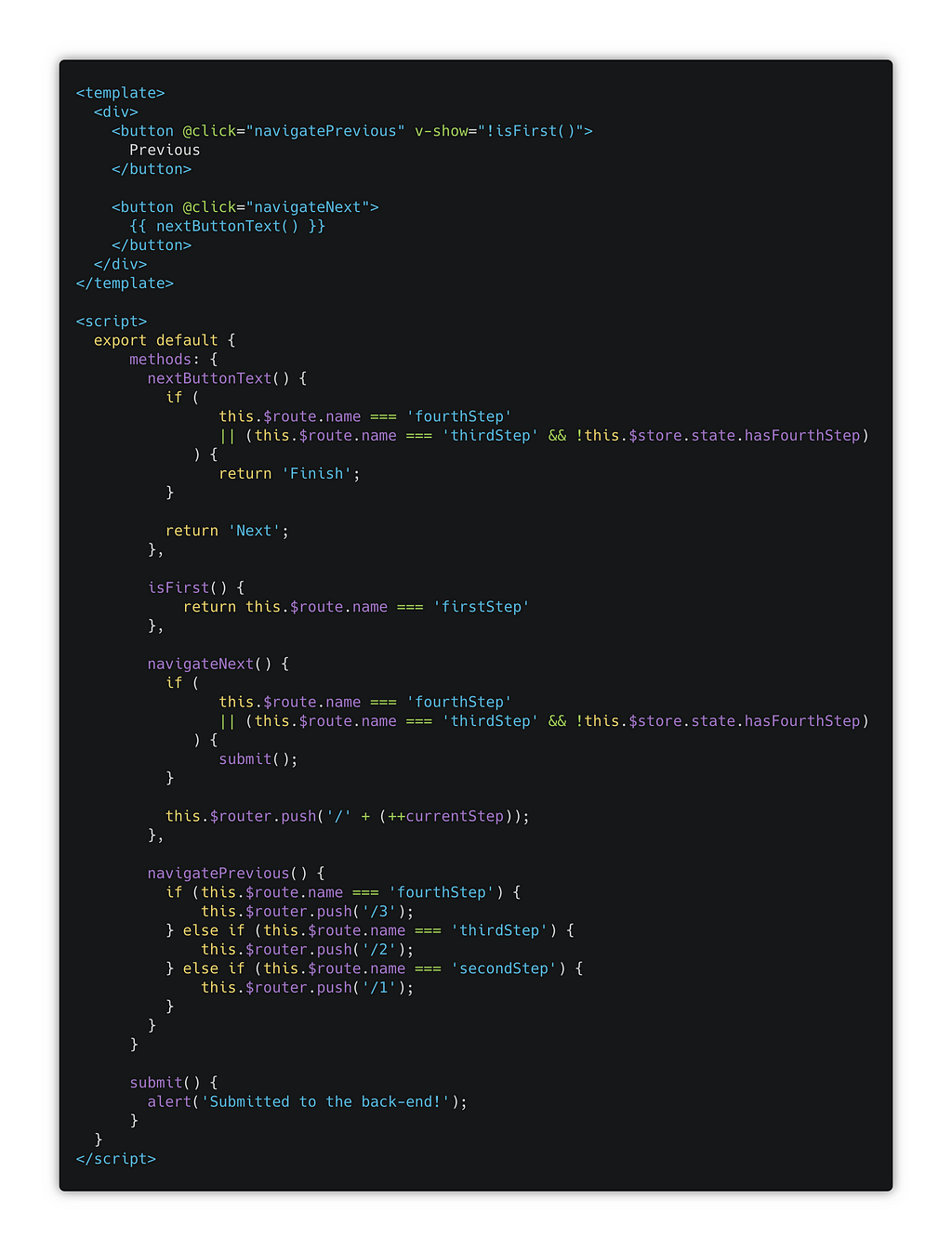 Code for the Navigation.vue component file.
