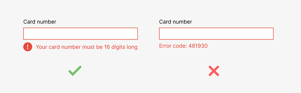 Image showing two examples. The first example shows a clearly described error message and indicates what needs to change to fix the error. The second example shows a confusing error code.