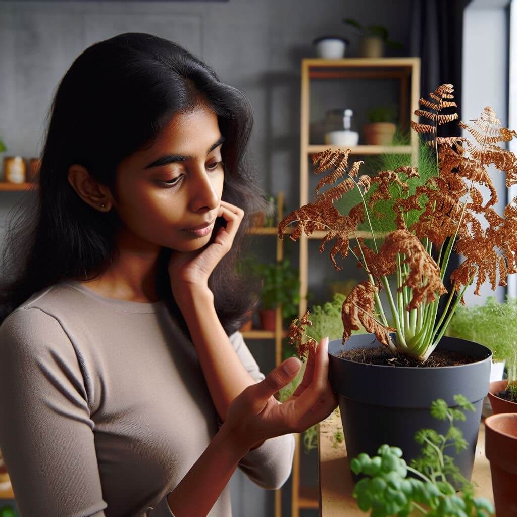 Maya running her hands though her fading Bronze Fennel plant