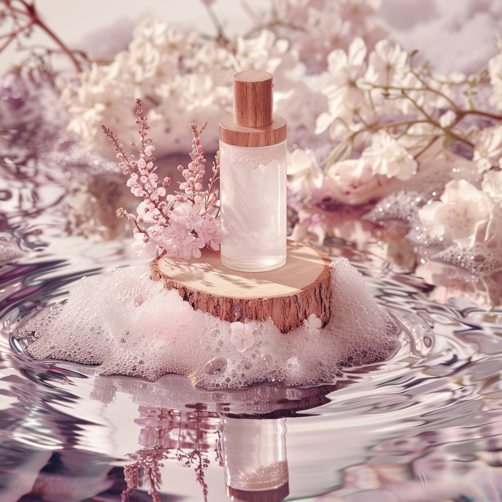 Product photography, skincare product, flowers, wood on sparkling water, clean, minimal dreamy background, rococo pastel tone, center composition, high resolution