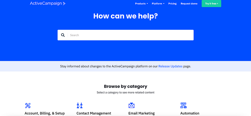 ActiveCampaign support website with a blue and white background and minimalist design.