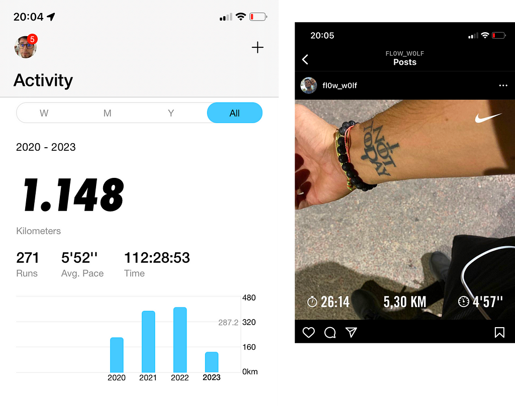 Screenshot of Nike app for running, showing the stats of 3 years of personal runs, and next to it an instagram post of me running