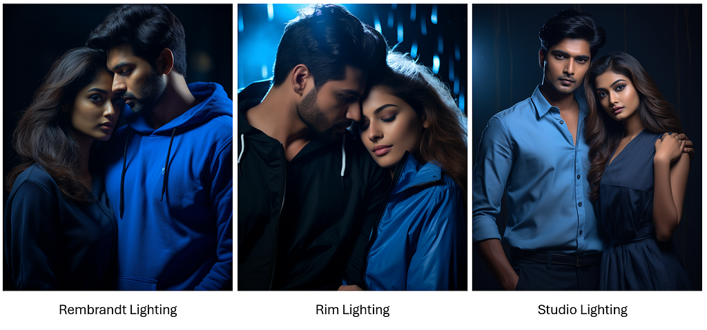 Variations of fashion photography of an Indian couple, in blue & black tones, with different lighting conditions (generated by Midjourney)