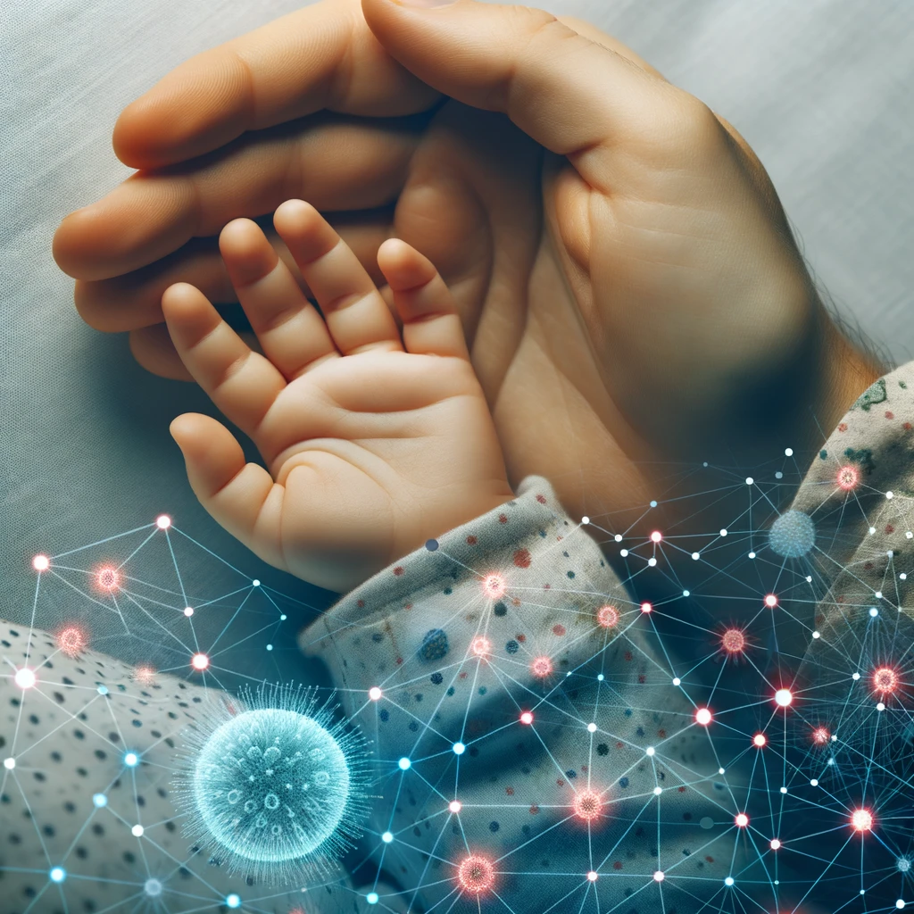 Bond of baby and parent hands symbolizing shared microbiomes and potential immune system enhancement