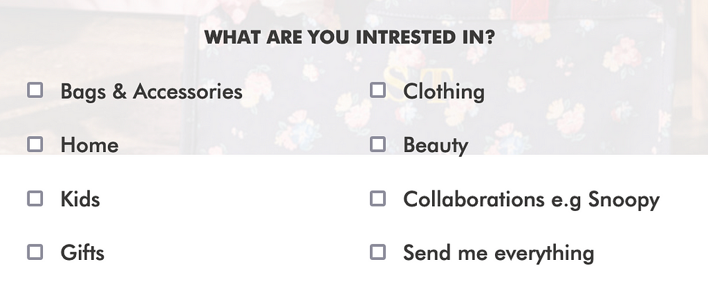 A screenshot of some categories (for example Clothing, Gifts, Home, Beauty), each with a checkbox.
