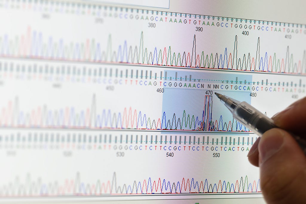 Closeup of a hand holding a pen marking a genome sequence printout. Photo by hh5800/Getty Images