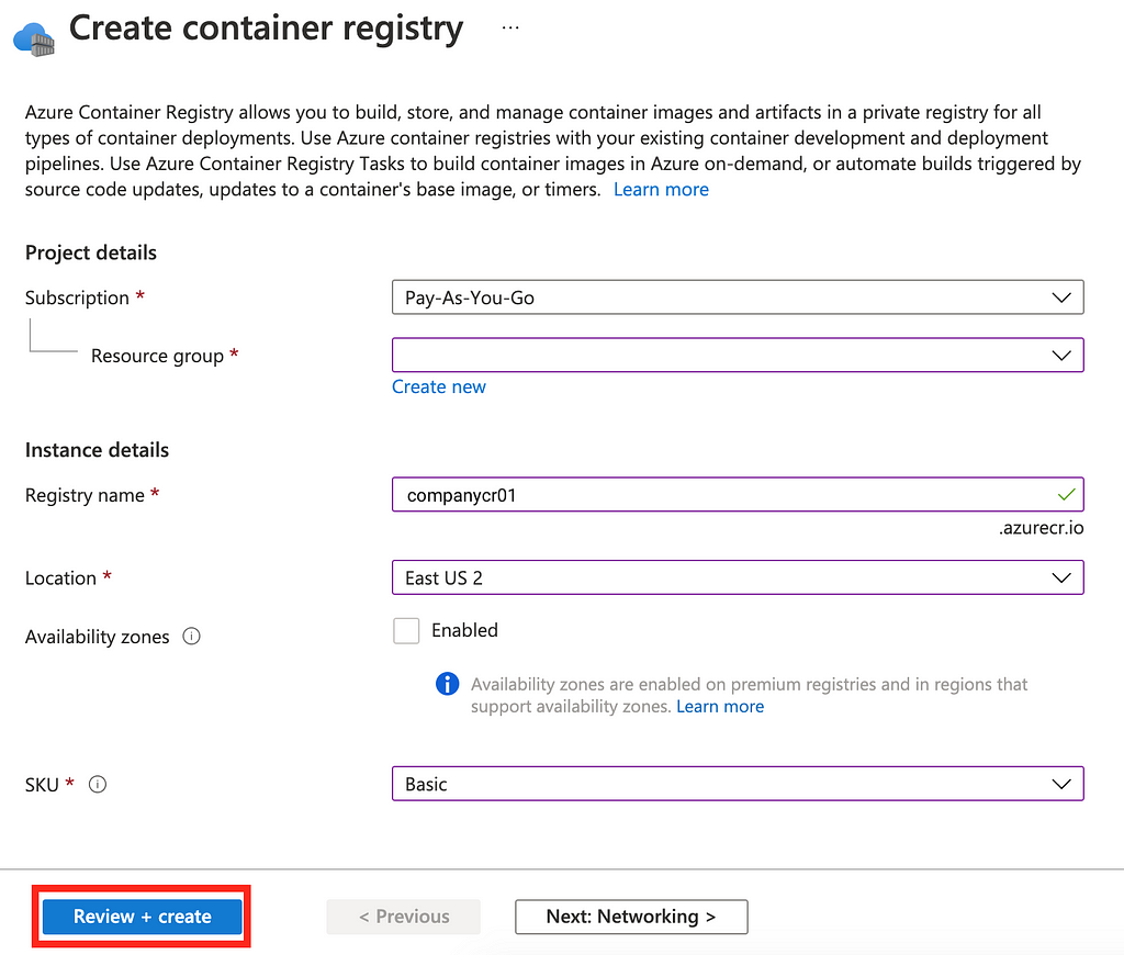 Screenshot showing container registry settings