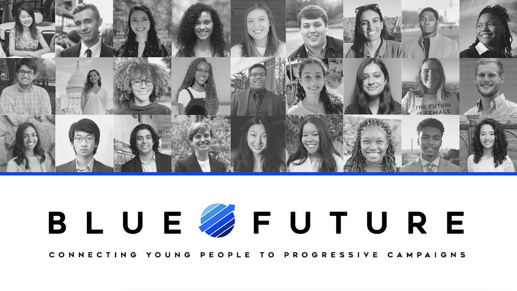 Blue Future Banner: Connecting Young People to Progressive Campaigns, images of students in a grid taking part in Blue Future initiatives