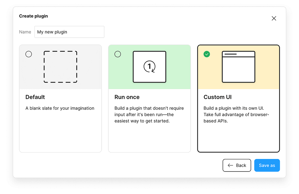 Example dialog in the Figma app with the second step in the plugin creation wizard, where the user needs to select the Custom UI option before clicking the “Save As” button.