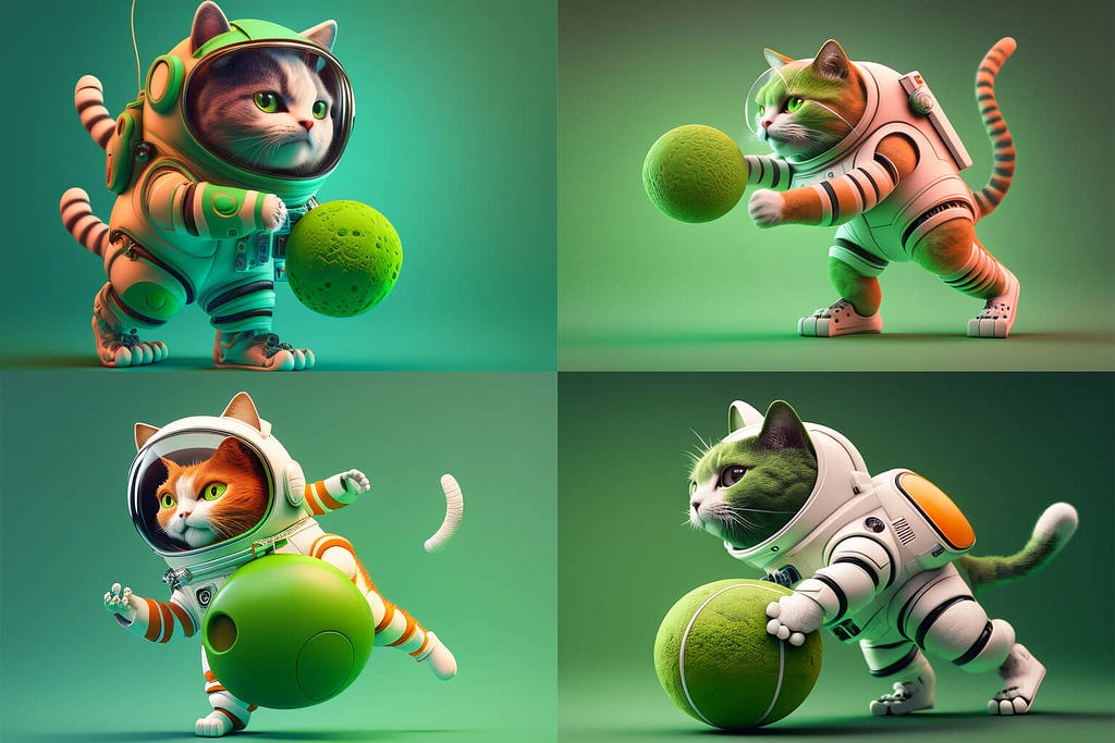 Four 3D renderings of realistic, yet cartoony cats. They are all in astronaut suits playing with a large green ball.