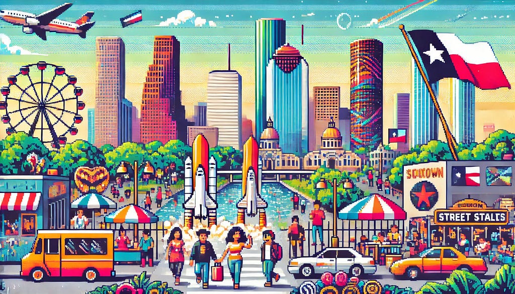 A vibrant pixel art scene of Houston, Texas, showcases its diverse culture and bustling metropolis. The cityscape includes iconic landmarks such as the Johnson Space Center with a rocket, and the downtown skyline with tall buildings. Diverse people, street art, and food stalls add to the cultural richness. The background features a clear sky with a few clouds, using bright and varied colors to capture the lively spirit of the city.