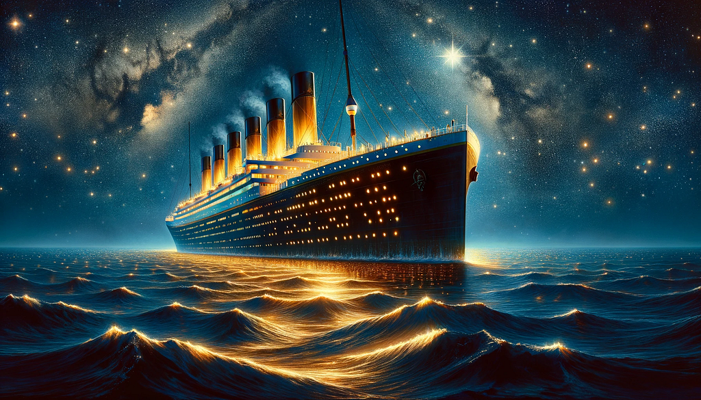 The Titanic cruising under a starlit night sky.