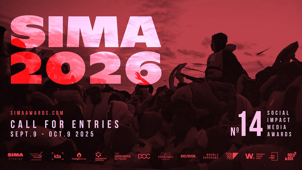 Promotional poster for the SIMA 2026 Social Impact Media Awards. Large bold text reads “SIMA 2026” over a red-toned background image of silhouetted people gathered together, some raising their hands. At the bottom, text reads: “SIMAawards.com — Call for Entries, Sept. 9 — Oct. 9, 2025.” Additional partner logos are displayed along the bottom edge.