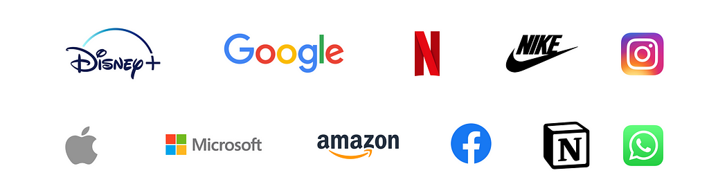 Famous logos shown in 2 rows: Google, Amazon, Netflix, Facebook, Microsoft, Nike, Notion, Instagram, Disney+