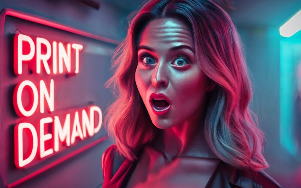 a beautiful surprised woman with “Print On Demand” on a neon sign to her left