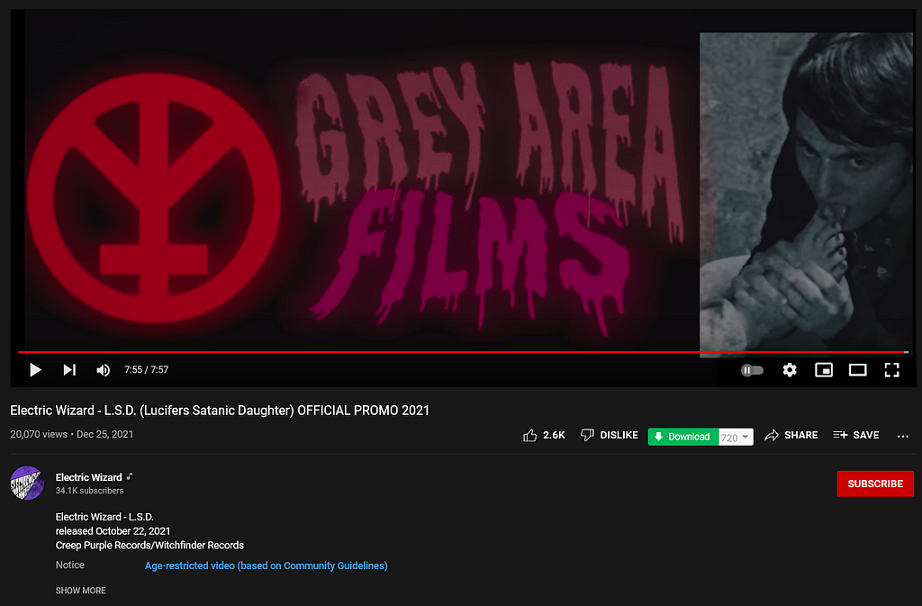 Youtube page for Electric Wizard’s L.S.D. music video, paused while crediting Grey Area Films.