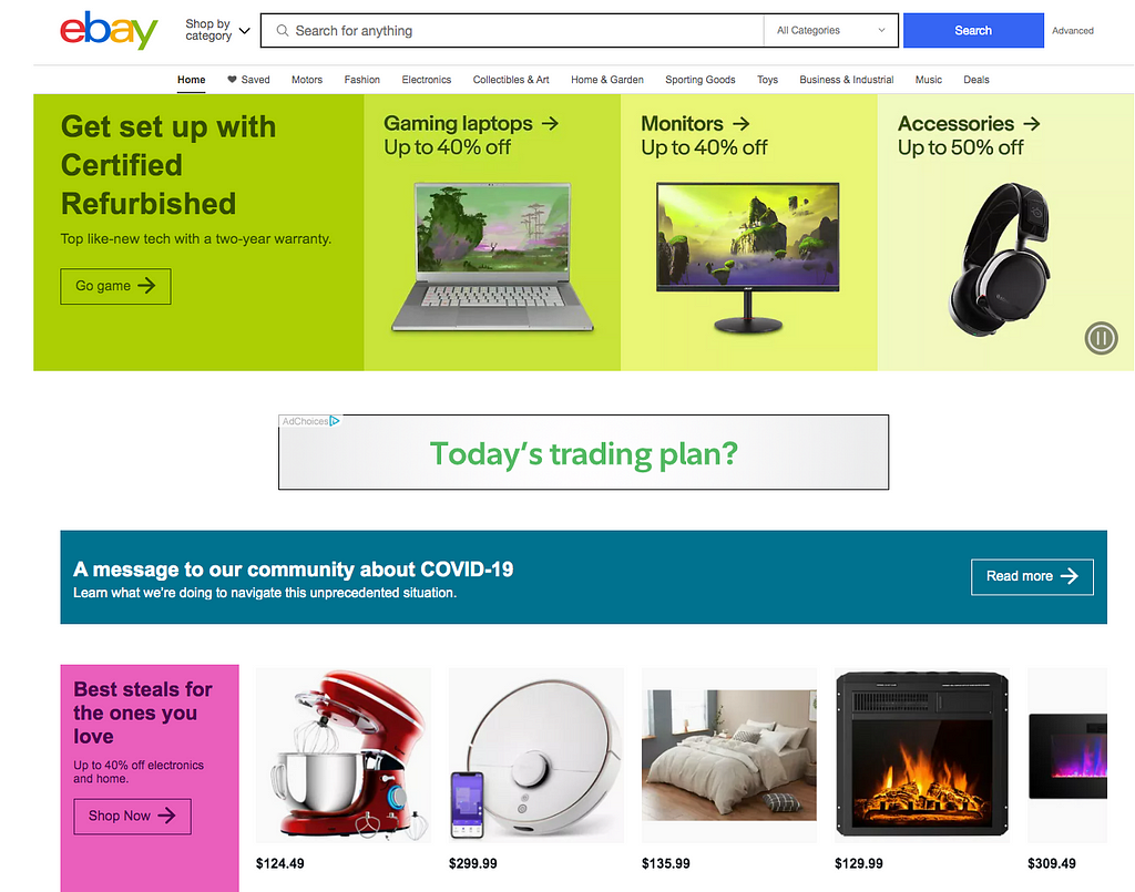 Screenshot of Ebay.com homepage.