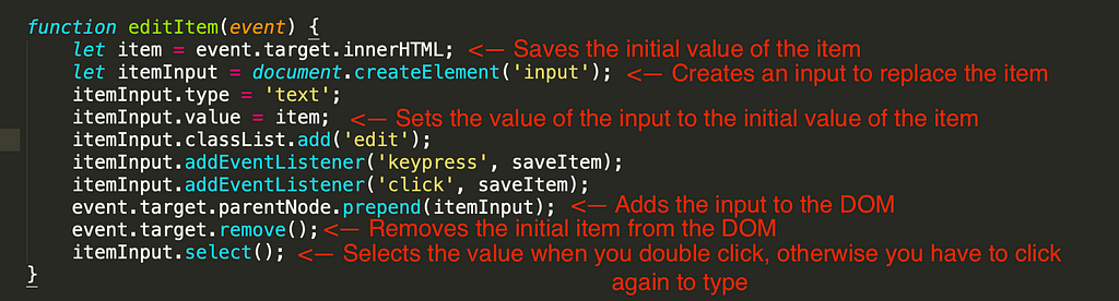 Code showing steps to create ‘editItem’ function
