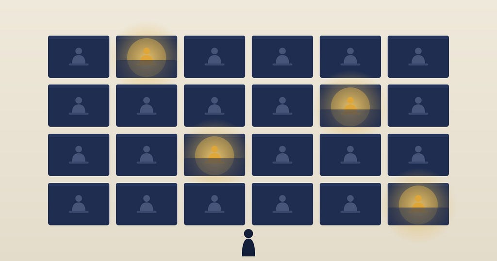 Rows of identical dark office cubicles seen head-on. Most workers sit idle and interchangeable, while a few scattered ones glow gold behind their dividers, unnoticed by a manager standing in the aisle.
