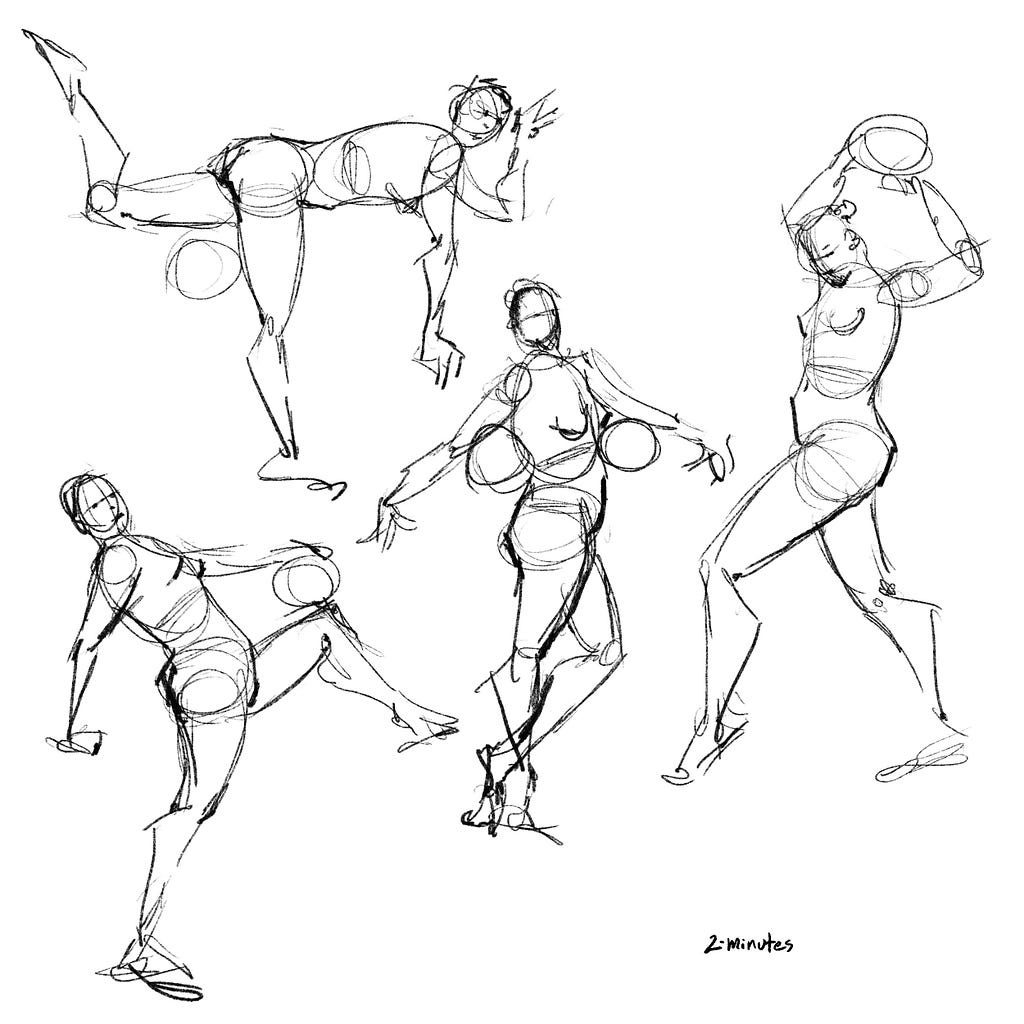 Four quick drawings of a nude, female model.She is seen in various poses in which she is holding a balloon.