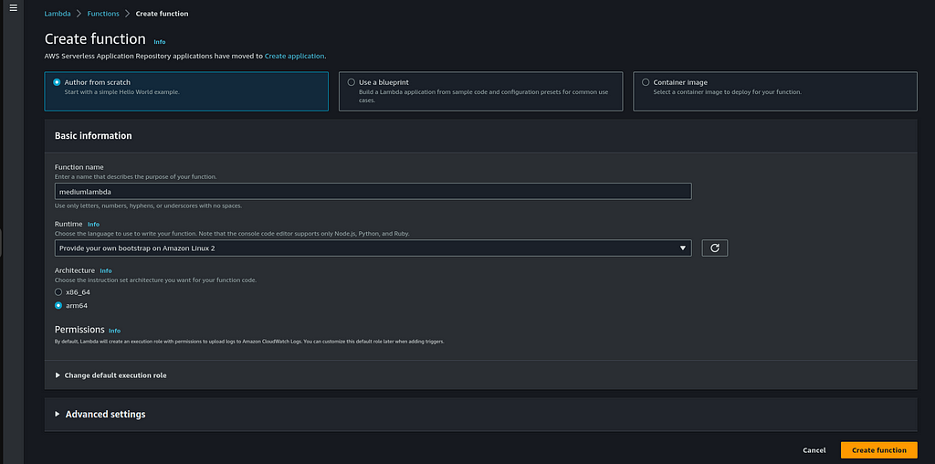 fill the lambda creation form