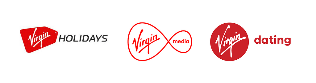 Image shows three logos: ‘Virgin Holidays’, ‘Virgin Media’, and a mocked up logo for the imaginary brand ‘Virgin Dating’.