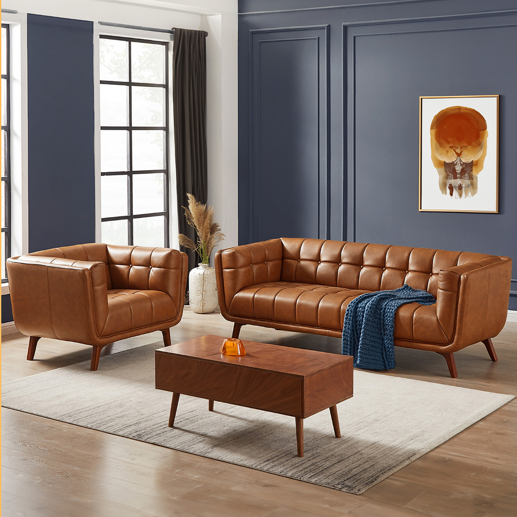 Kano Cognac Leather Large Sofa & Kano Cognac Genuine Leather Lounge Chair