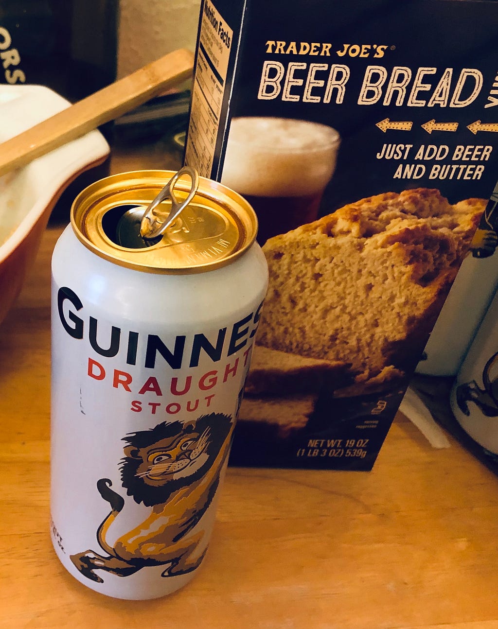 A 16-ounce can of Guinness and a Beer Bread box mix from Trader Joe’s.