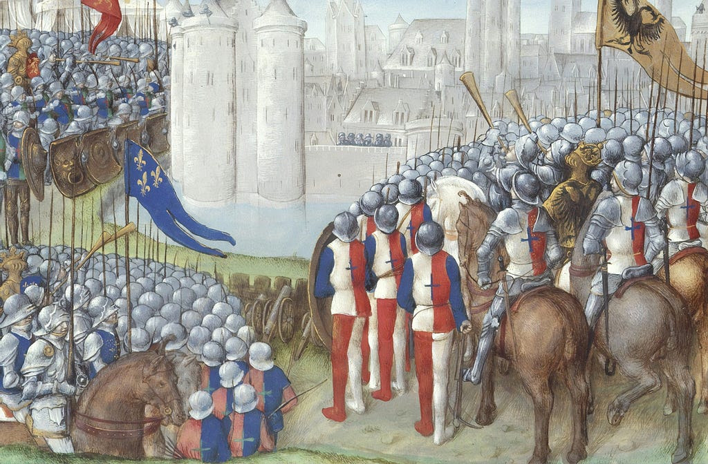 Medieval soldiers surrounding a castle.