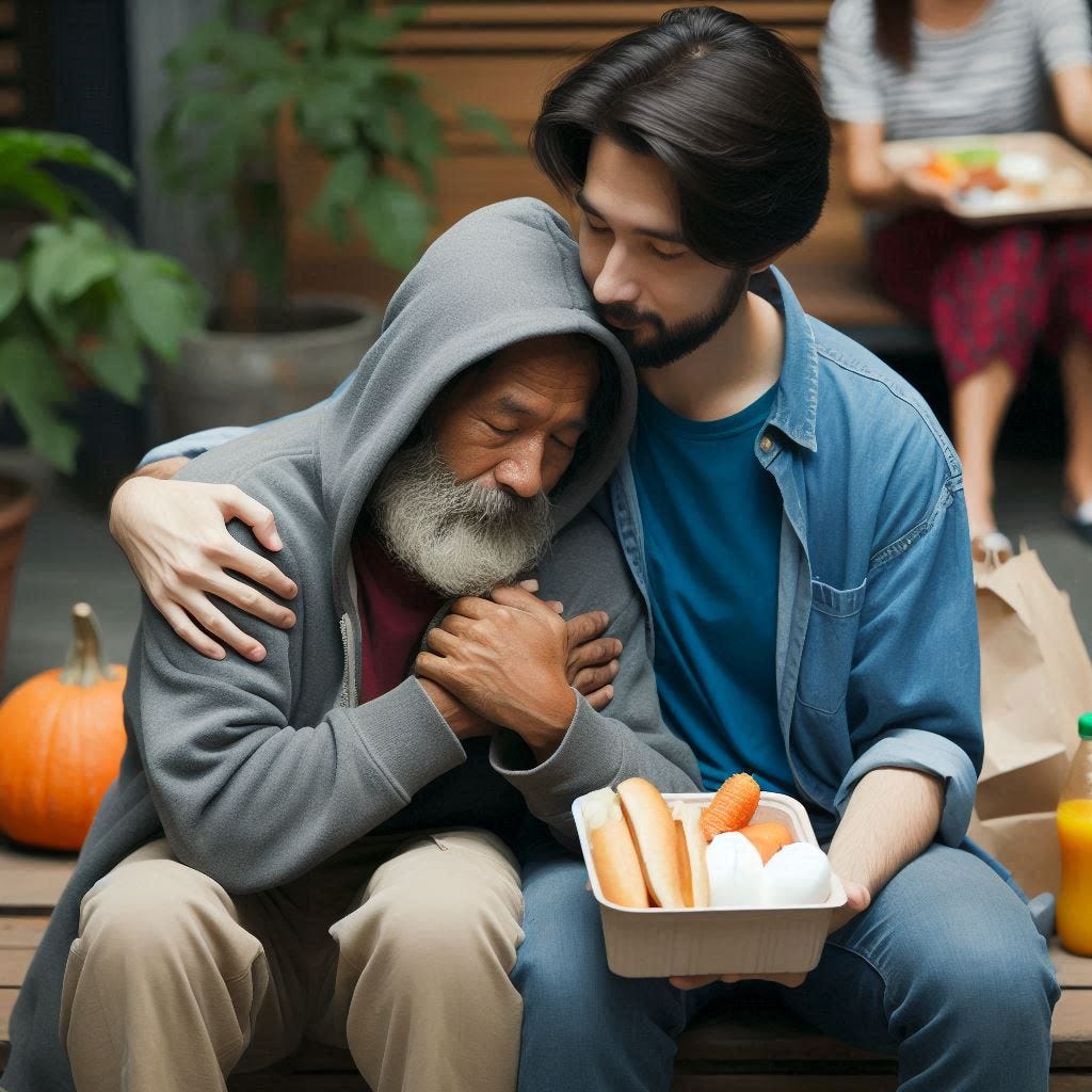 Demonstrating unconditional compassion by offering food and support to a homeless person.