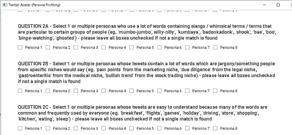 The 3 parts of Question 2 appearing at the bottom of Question 1, asking the user to assign the different choice of words made by the personas to their respective category.