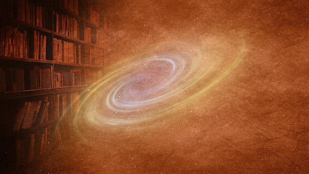 Eerie image of swirling galaxy with a fading library bookshelf