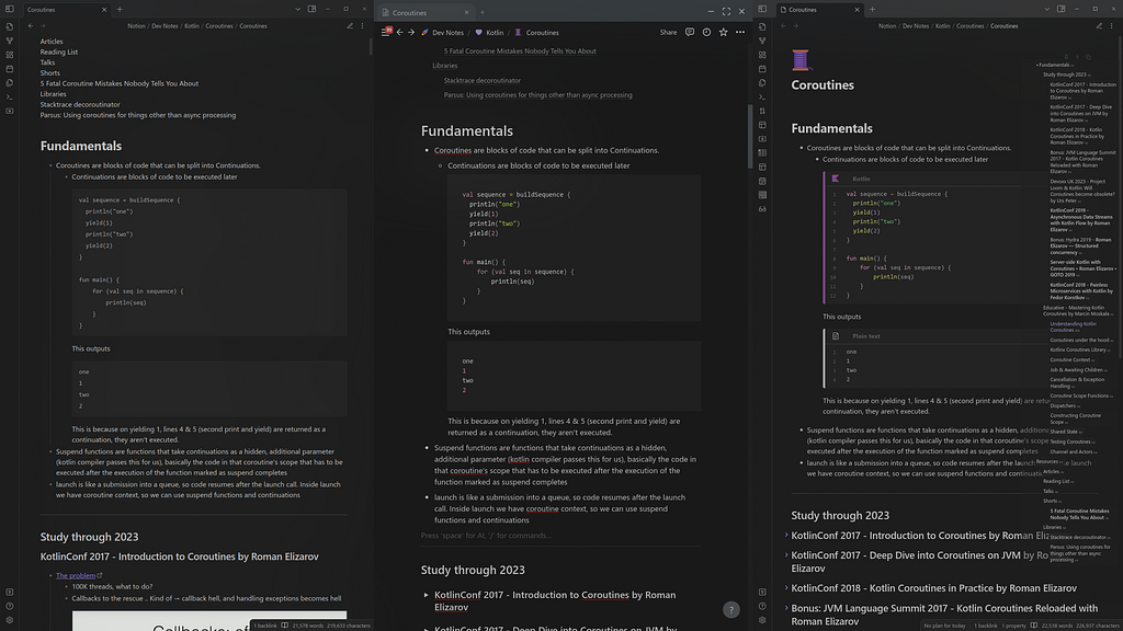 Screenshot of a note on Kotlin Coroutines open in 3 side by side windows: first in obsidian with unhacked importer (with unhighlighted code and unlinked ToC), second in Notion (with ToC linked and code lightly highlighted) and third in obsidian with hacked importer (with nicely highlighted code and auto-generated ToC in a hovering side panel