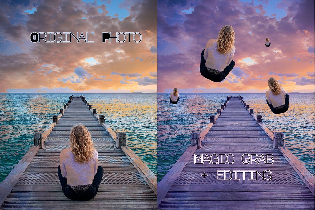 A before and after photo of using Canva Magic Grab on a picture of a woman sitting at the dock.