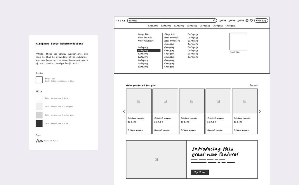 Screens from the wireframe library showing style recommendations, including font and fills, as well as standard design elements.