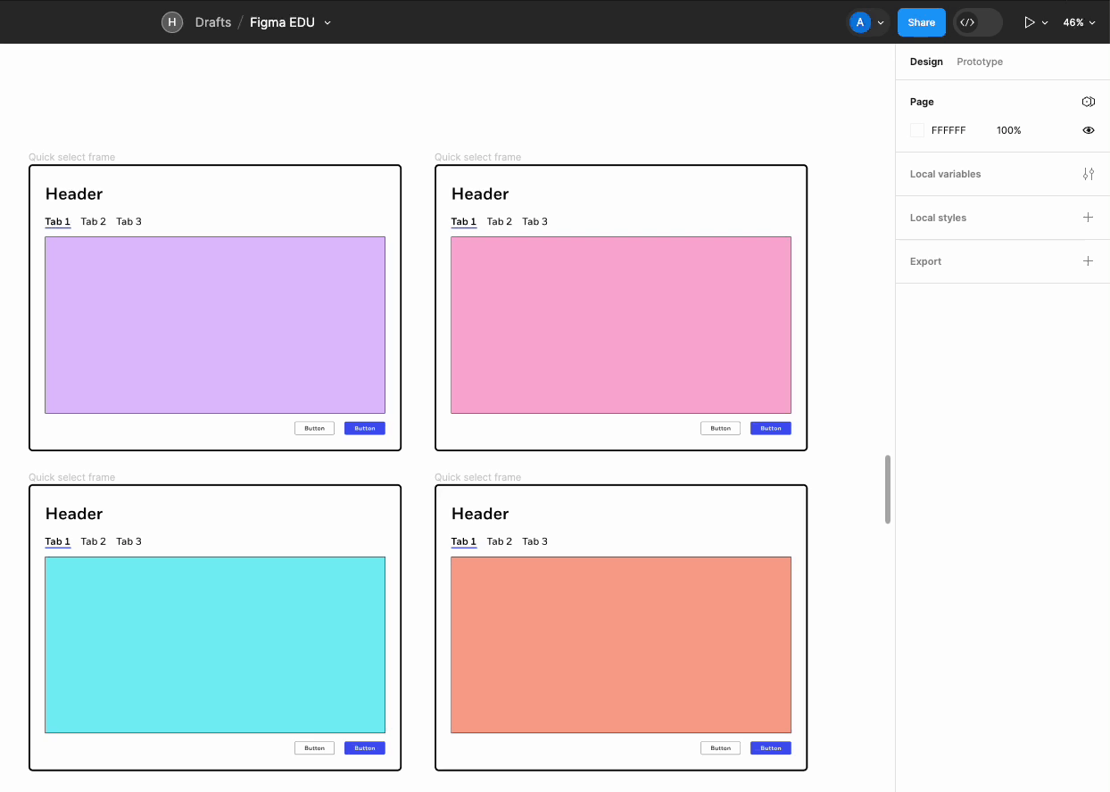 Shows selecting a purple rectangle in Figma and clicking on the ‘Select matching layers’ tool in the top toolbar to add a stroke and rotate all four rectangles on the screen