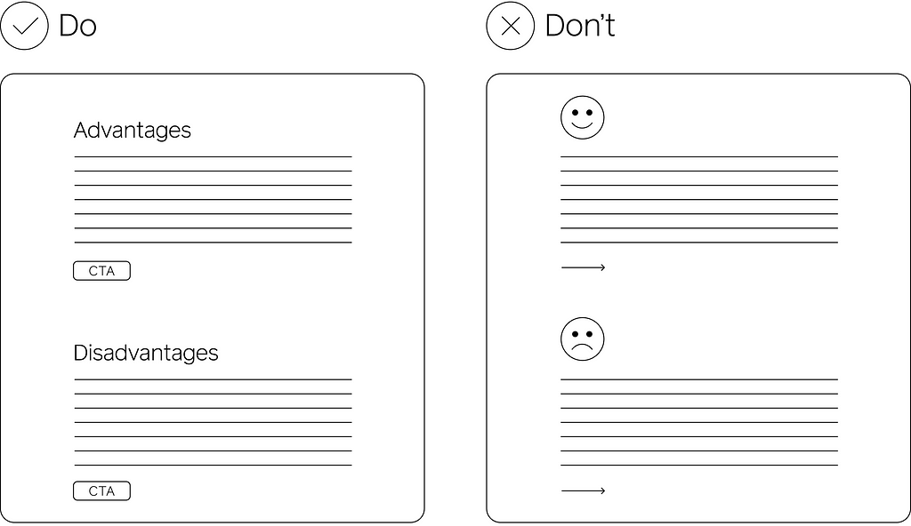 two mages of web page wireframes — Do and Don’t to illustrate the principles