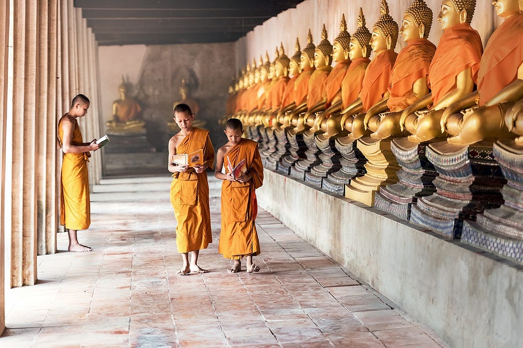 Buddhism In Gumba. In this Image The three Buddhism Was Learn Book in Gumba.