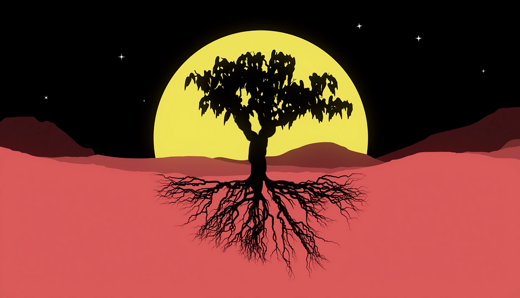 Silhouette of a tree, showing its roots sprawling into the red earth, set against a yellow moon and a black starry sky.