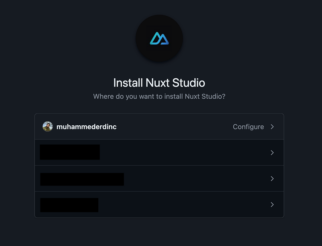 Nuxt Studio installation screen