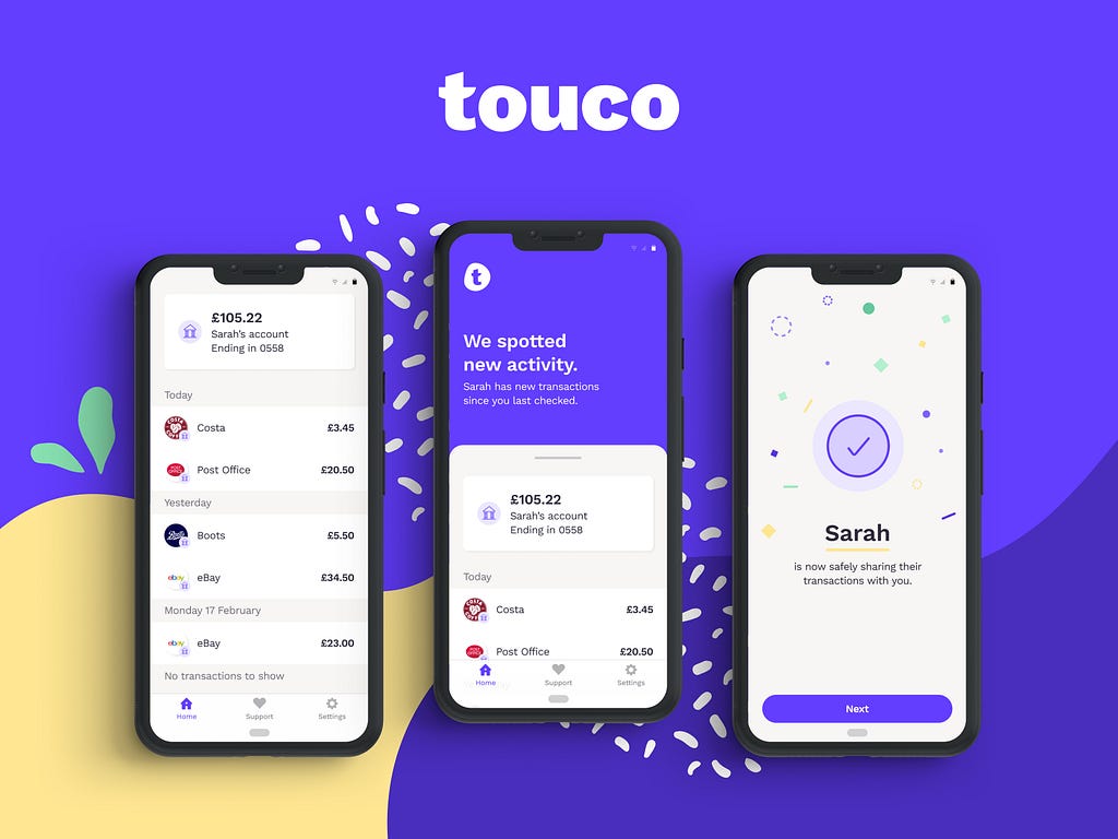 Screenshot examples of the Touco app