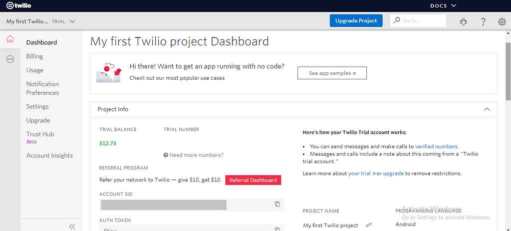 An image of twilio console