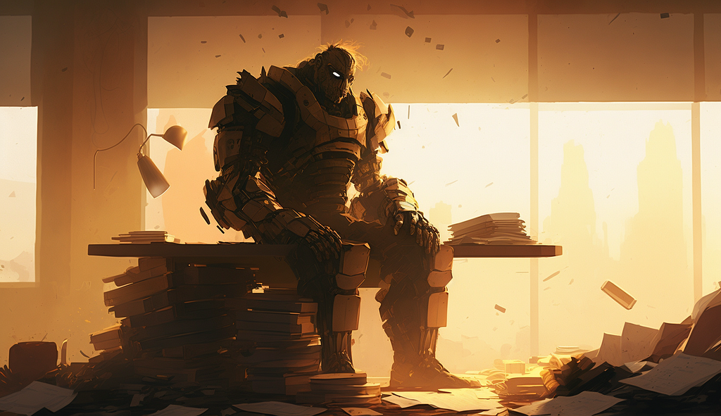 a futuristic overworked and burned-out Goliath sitting at a desk, filled with stacks of paper in a room basked by Golden Hour light in the style of Matrix, — ar 16:9, by MidJourney