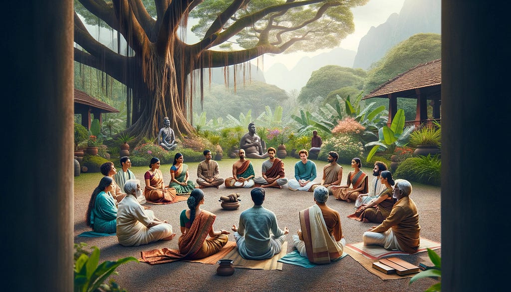 A group of south indian men and women sitting crossed legged on the floor, outdoors while sharing their knowledge with each other