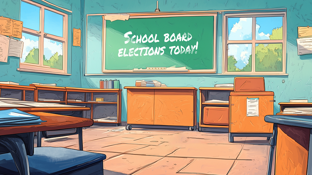 Classroom interior with chalkboard announcing “School Board Elections Today!” Windows show sunny day outside. Desks and teacher’s desk visible, conveying importance of civic engagement in education.